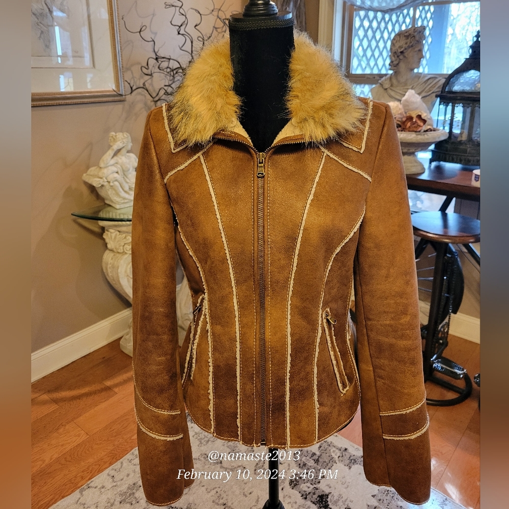 Guess Faux Leather Faux Fur Removable Collar Faux Shearling Western Designer 720 - Picture 8 of 15
